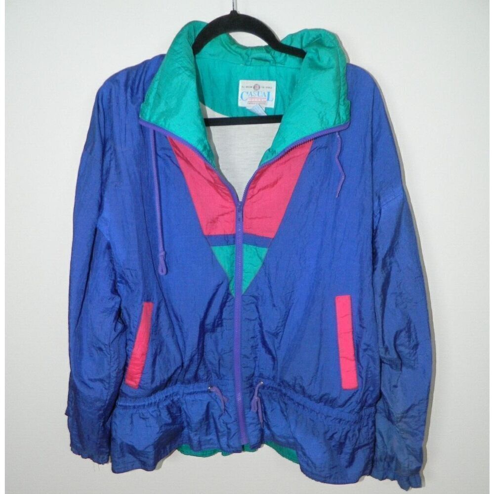 Casual Club Jacket 90s Windbreaker Size Large Vintage Pink Purple Geo 1990s‎